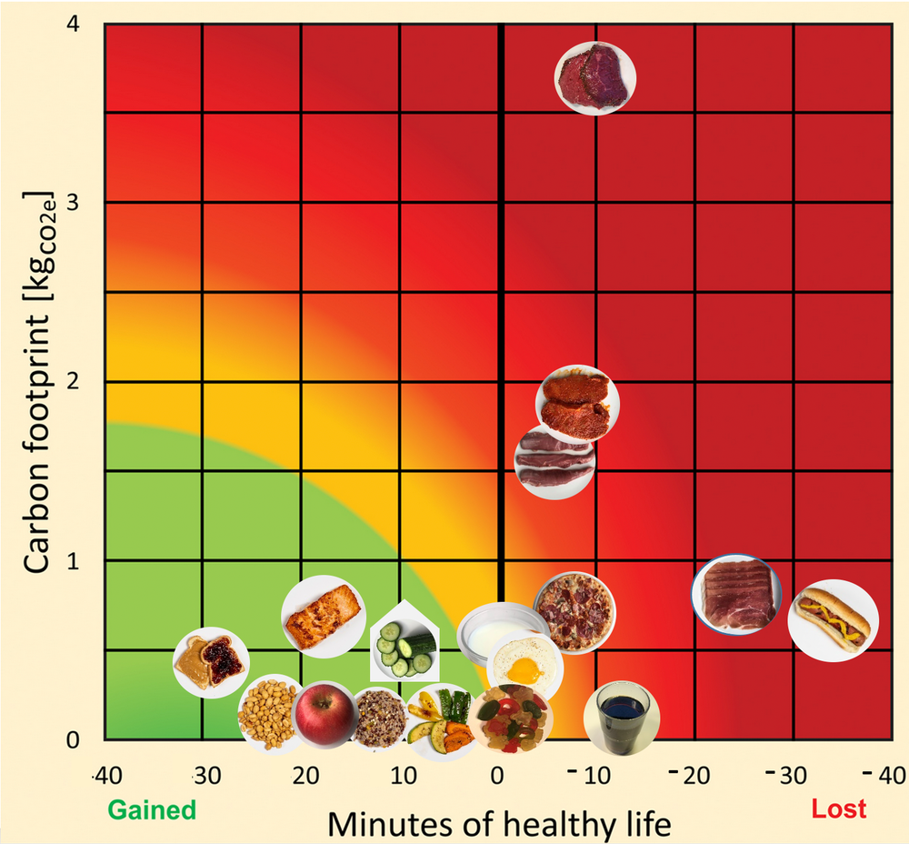 Grid of foods by carbon footprint and minutes of healthy life